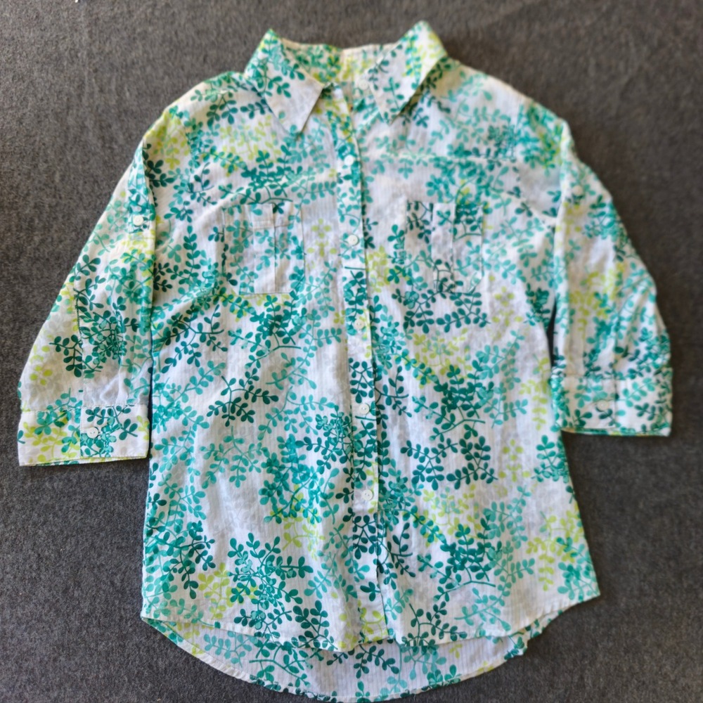 Woolrich Medium Cotton Botanical Leaf 3/4 Sleeve Shirt Resortwear Vacation EUC